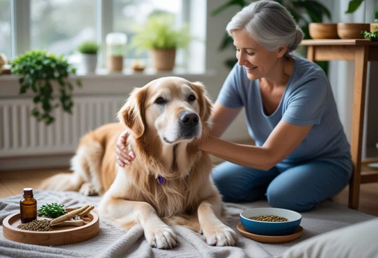 An elderly golden retriever lying on a blanket while a person gently massages its shoulders in a cozy, sunlit room with plants and natural pet care items nearby.