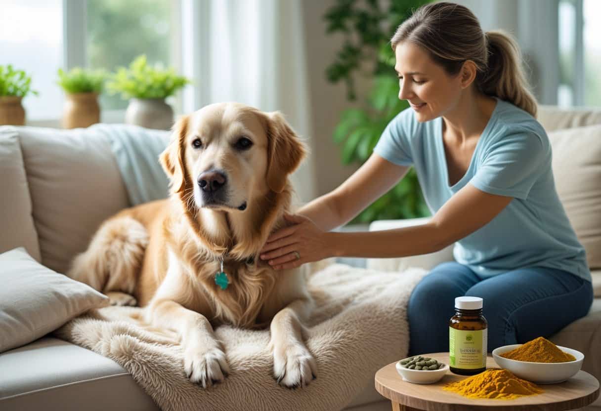 An elderly golden retriever sitting on a blanket while a person gently massages its front leg in a cozy room with natural remedies nearby.