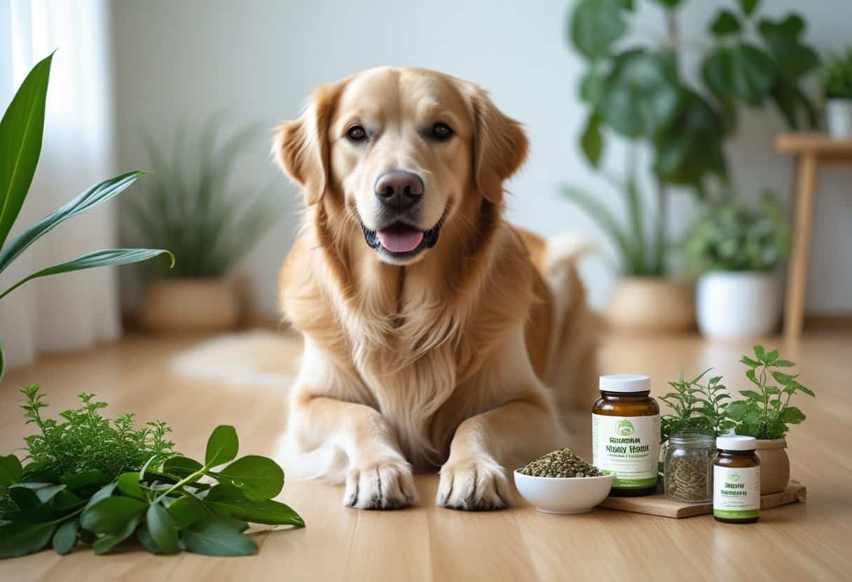 A golden retriever sitting next to jars of herbal supplements and green plants in a bright home setting.