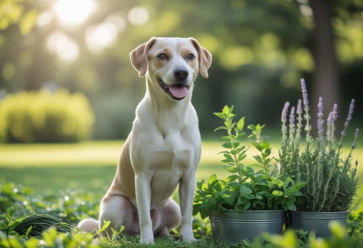 A healthy dog sitting outdoors in a green garden with natural herbs around, representing natural parasite prevention.
