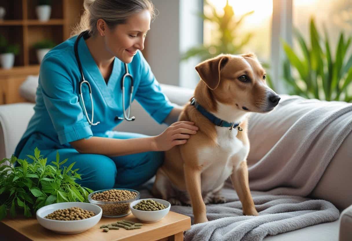 A veterinarian gently examining a calm dog sitting on a blanket in a bright living room with natural supplements and plants nearby.