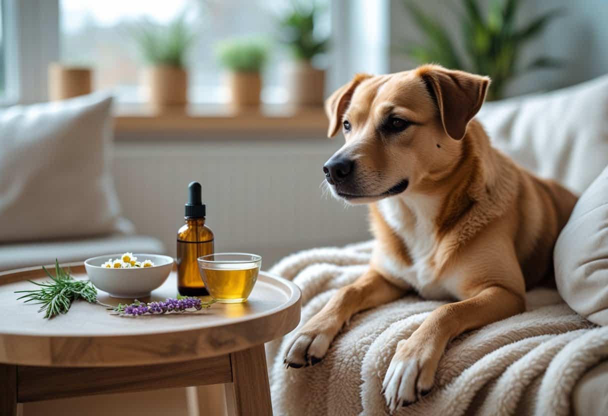 A calm dog sitting on a blanket near a table with natural calming herbs and essential oils in a cozy living room.