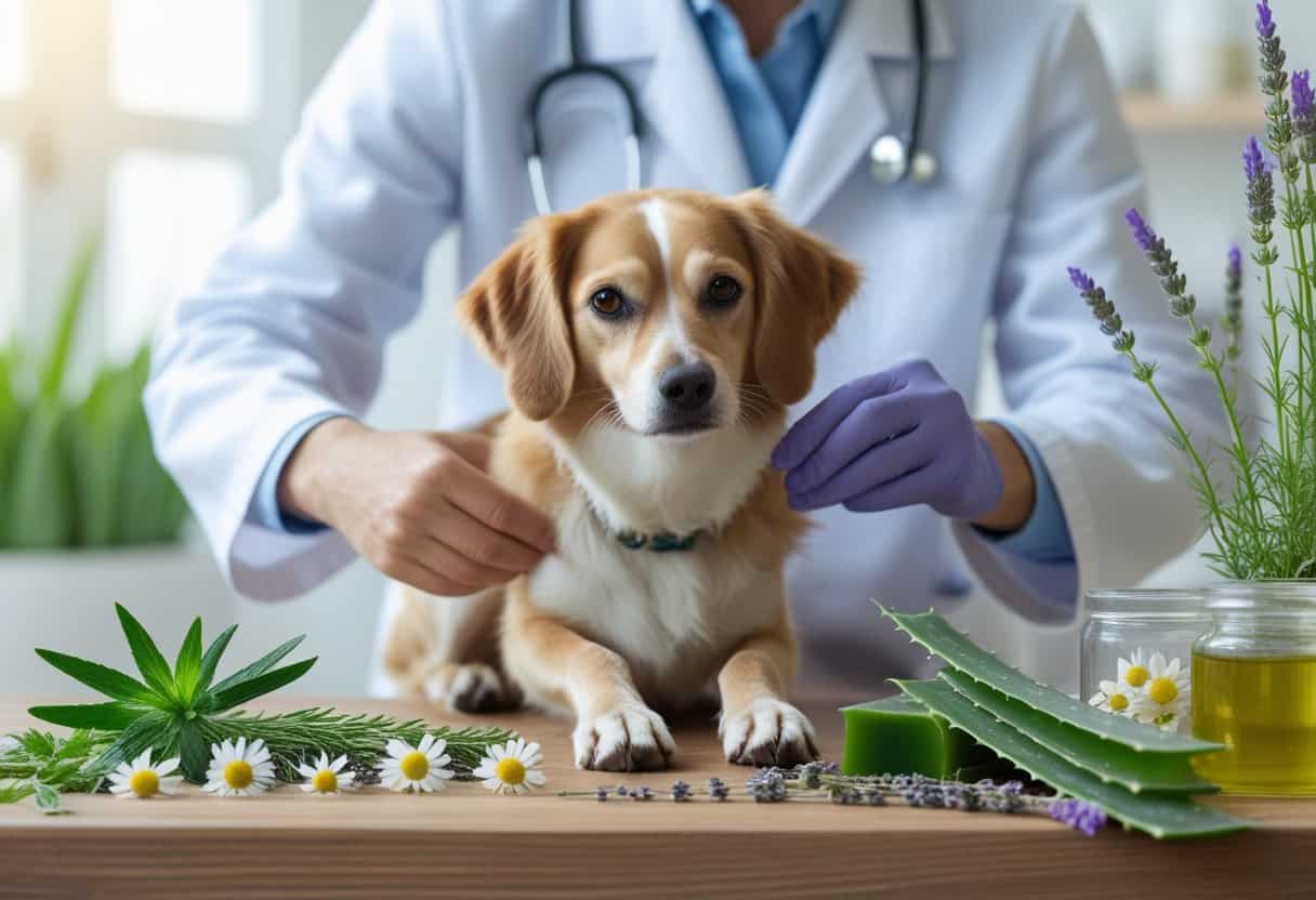 A veterinarian gently examining a calm dog surrounded by natural herbs on a wooden table in a bright clinic.