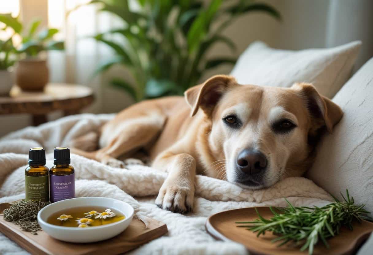 A relaxed dog resting on a blanket indoors surrounded by natural remedies like chamomile tea, essential oils, and fresh herbs.