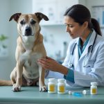 A dog looking tired on a veterinary exam table while a vet gently holds its paw, with medication bottles nearby.