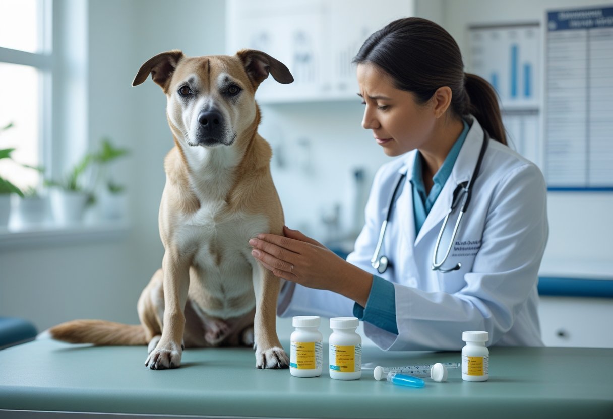 A dog looking tired on a veterinary exam table while a vet gently holds its paw, with medication bottles nearby.