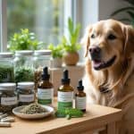 A golden retriever sitting next to a wooden table with jars of dried herbs, herbal supplements, and a dropper bottle in a cozy home setting.